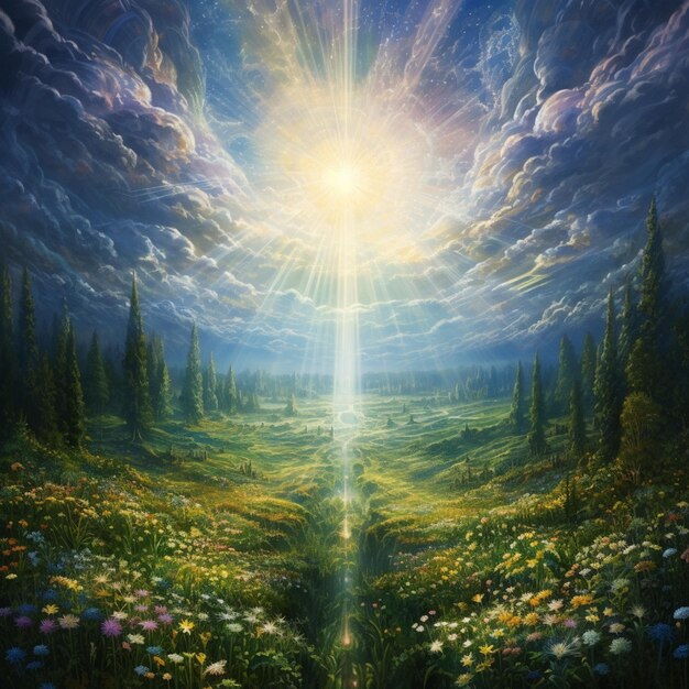 pintura de um sol brilhando sobre um campo de flores generativo ai