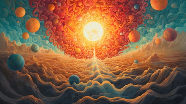 pintura de um sol nascendo sobre um vasto oceano com muitas esferas generativa ai.