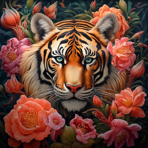 pintura de um tigre cercado por flores e folhas ai generativa