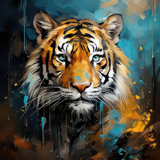 Pintura de um tigre com pinceladas de ciano escuro e âmbar contra um fundo de fumaça
