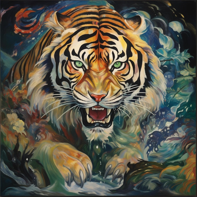 pintura de um tigre correndo através de um corpo de água gerador ai