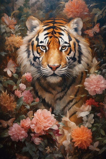 Pintura de um tigre em um campo de flores com um fundo escuro