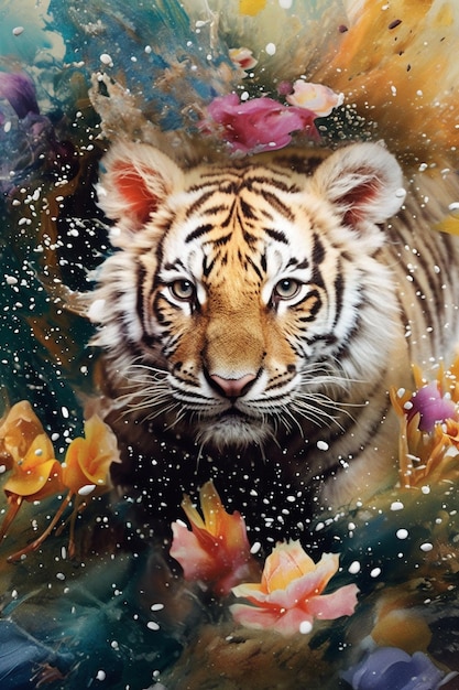 Foto pintura de um tigre em um campo de flores com uma borboleta generativa ai