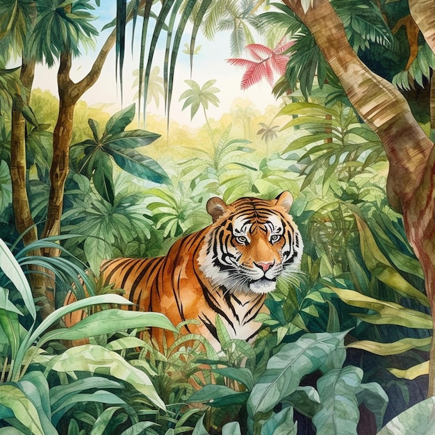 pintura de um tigre na selva cercado por plantas generativas ai