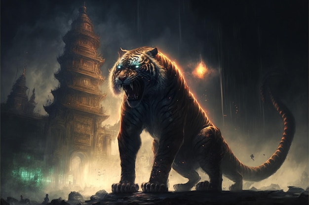 Pintura de um tigre no escuro com fundo do templo generativo ai