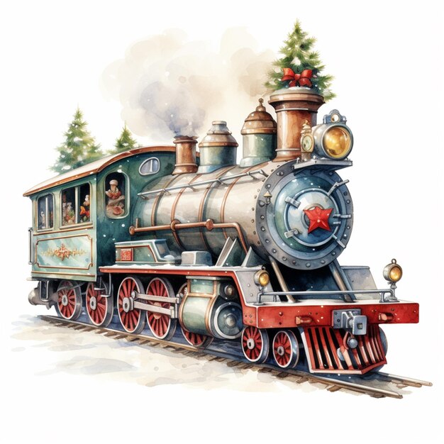 pintura de um trem com uma árvore de Natal no lado generativo ai