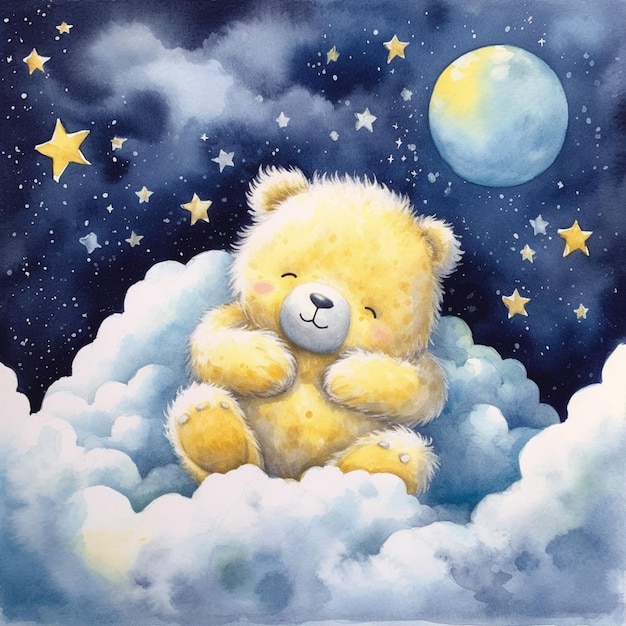 Pintura de um ursinho de pelúcia sentado em uma nuvem com uma lua no fundo
