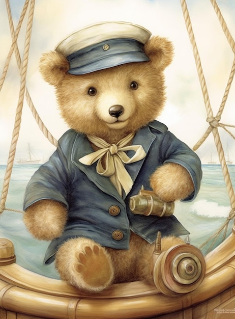 Foto pintura de um ursinho de pelúcia vestido com uma roupa de marinheiro em um barco generativo ai