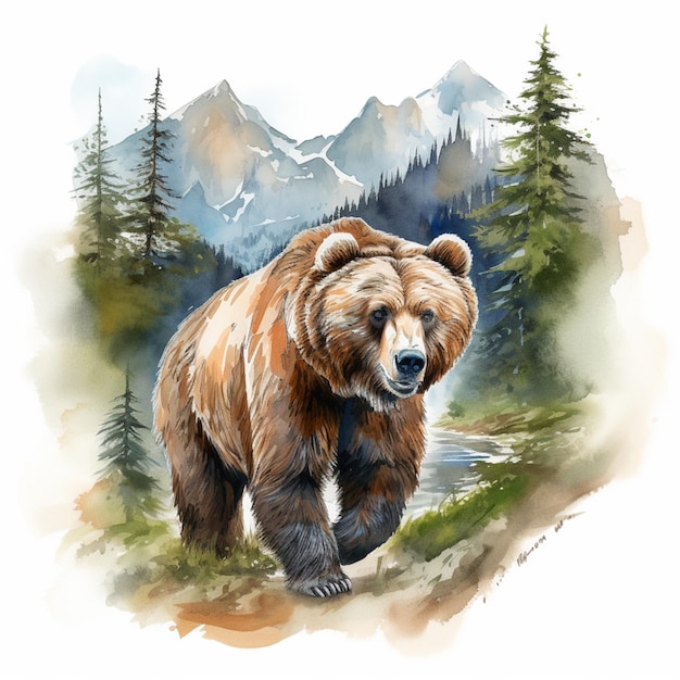 pintura de um urso caminhando em uma paisagem de montanha com árvores generativa ai