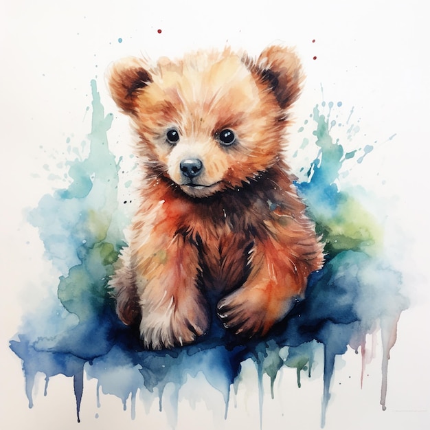 pintura de um urso castanho sentado em uma superfície azul com aquarelas generativas ai