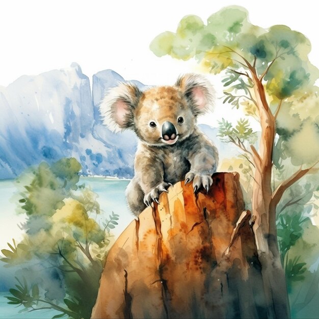 pintura de um urso koala sentado em um tronco de árvore generativo ai