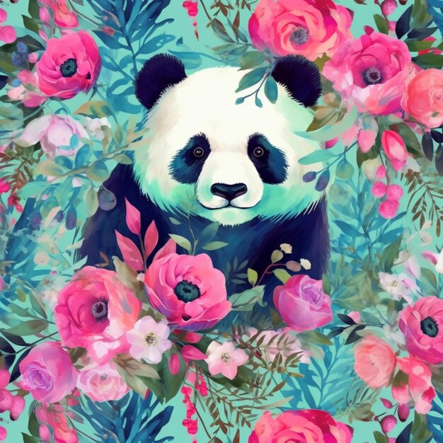 pintura de um urso panda cercado por flores e folhas ai generativa