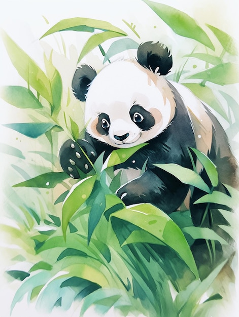 pintura de um urso panda comendo folhas de bambu em um campo generativo ai
