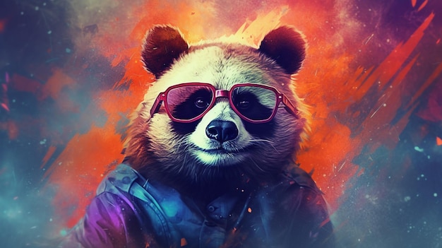 pintura de um urso panda usando óculos escuros e uma camisa generativa ai