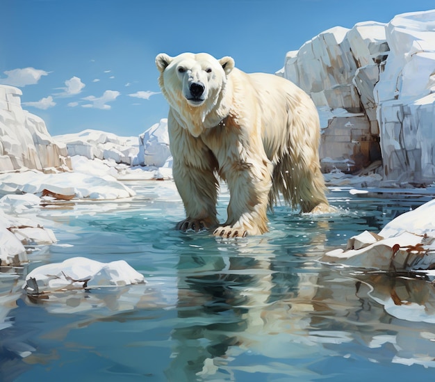 Foto pintura de um urso polar parado em um corpo de água gerando ia