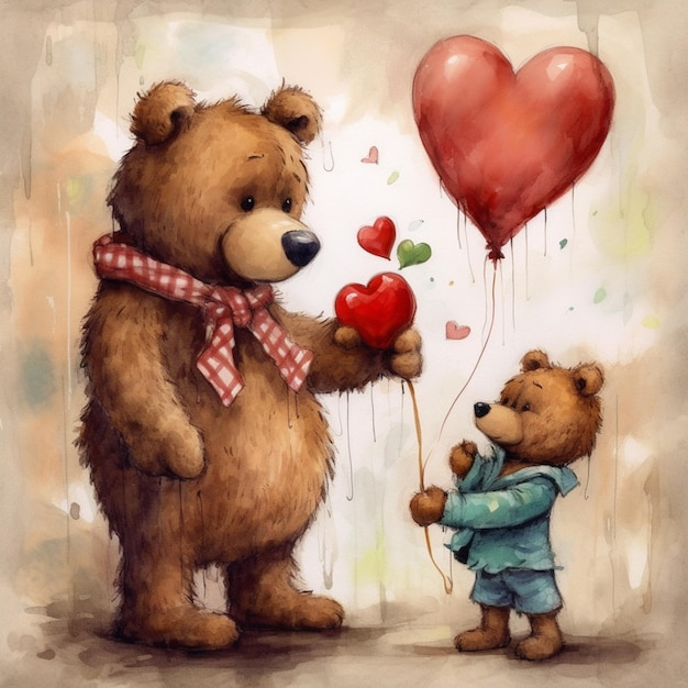 pintura de um urso segurando um balão de coração e um ursinho de pelúcia segurando um balão de coração ai generativa