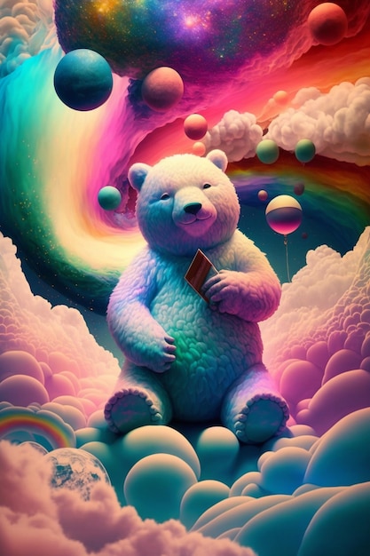 Pintura de um urso sentado na nuvem cheia de bolhas generativas ai