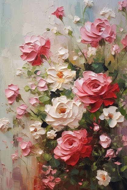 Pintura de um vaso de flores com flores rosas e brancas