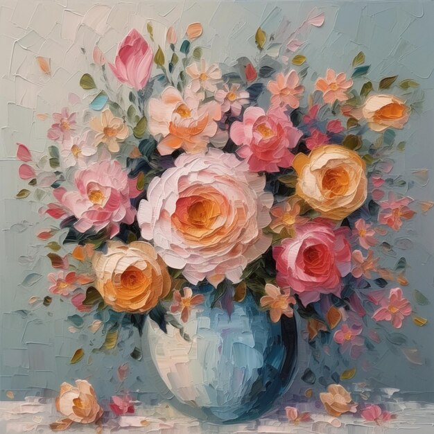 pintura de um vaso de flores com rosas rosas e amarelas