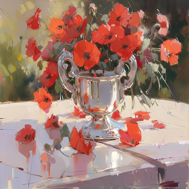 pintura de um vaso de prata com flores vermelhas em uma mesa