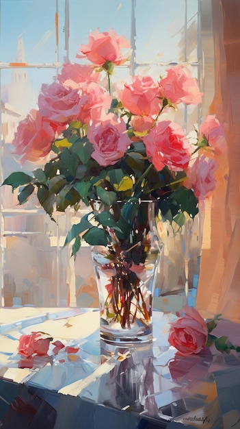 pintura de um vaso de rosas cor de rosa em uma mesa perto de uma janela generativa ai