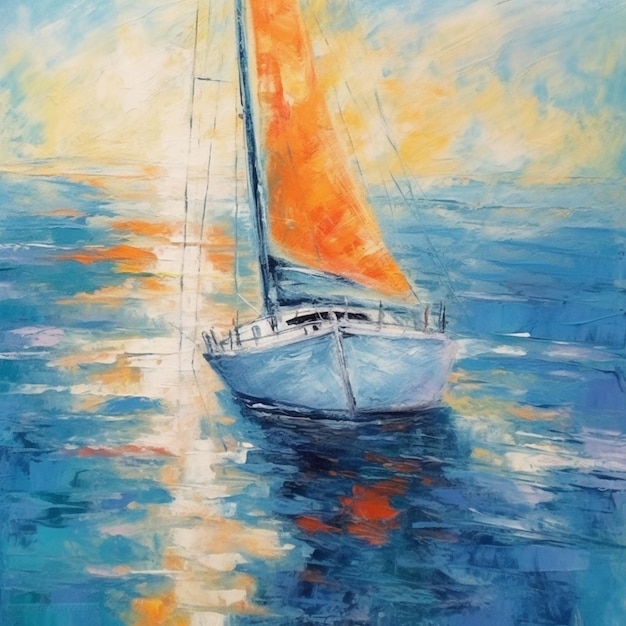 Pintura de um veleiro no oceano com uma vela laranja brilhante