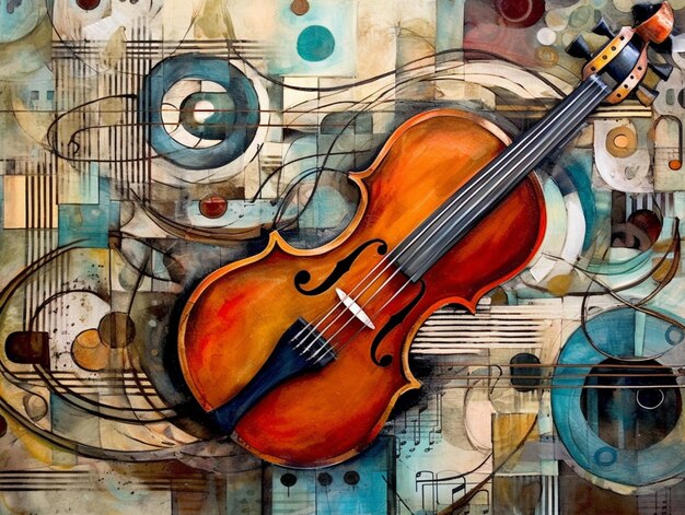 pintura de um violino em um fundo colorido com círculos generativos ai