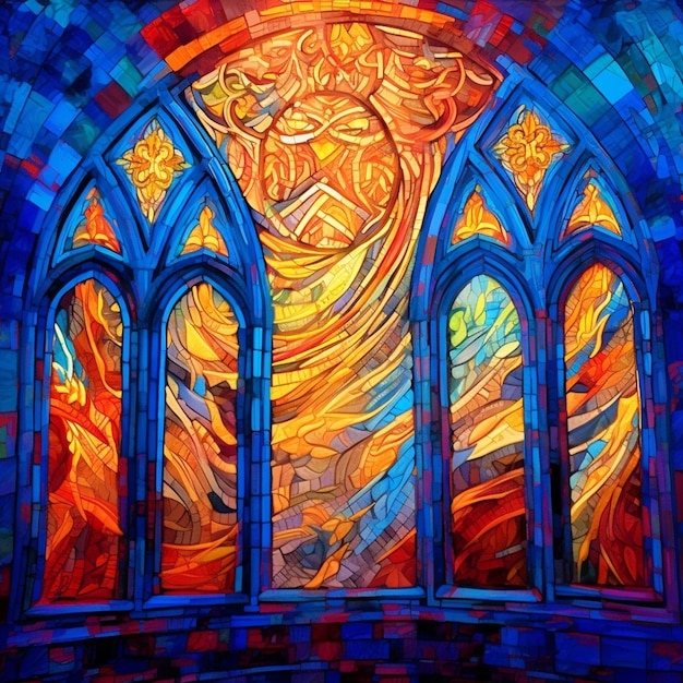 pintura de um vitral com um sol e uma cruz generativa ai