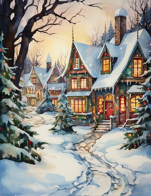 pintura de uma aldeia coberta de neve com uma árvore de Natal e uma casa generativa ai