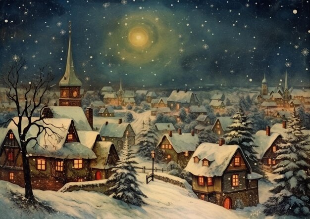 Foto pintura de uma aldeia coberta de neve com uma igreja e um campanário generativo ai