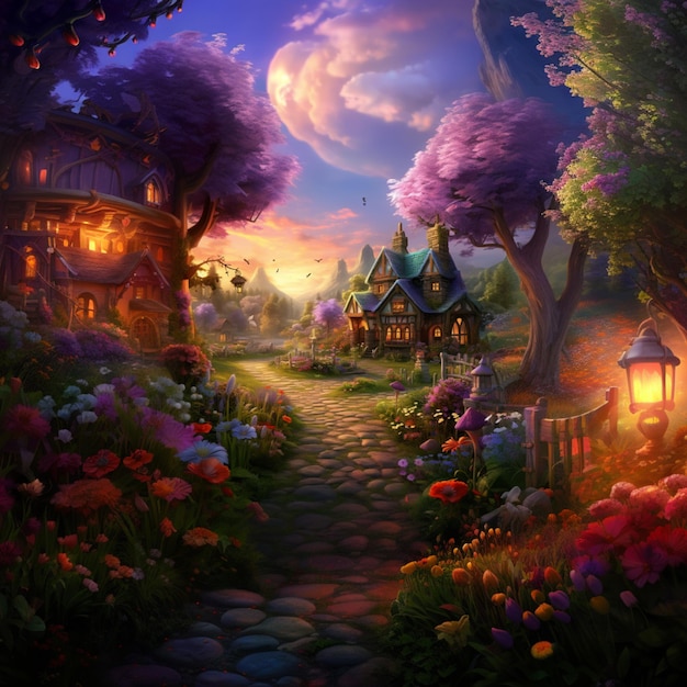 Pintura de uma aldeia de fantasia com um caminho que leva a uma casa generativa ai