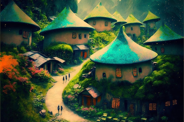 Pintura de uma aldeia nas montanhas generative ai