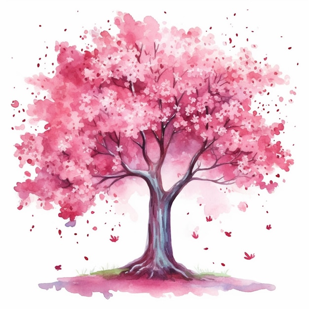 Pintura de uma árvore com flores cor-de-rosa e borboletas no fundo