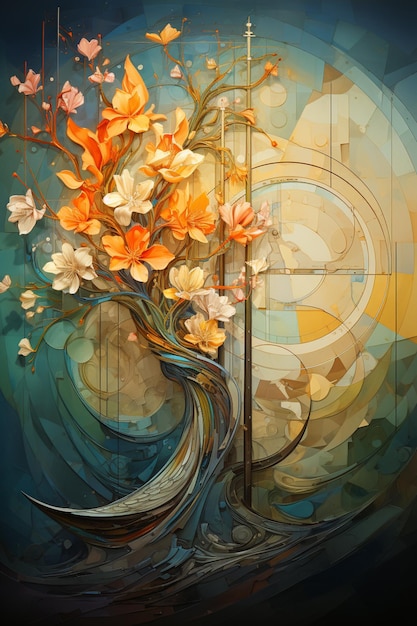 pintura de uma árvore com flores e um pássaro em um vitral generativo ai