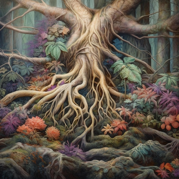 Pintura de uma árvore com raízes e flores em uma floresta generativa ai