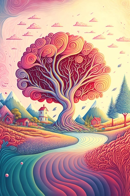 Pintura de uma árvore no meio de um campo Generative Ai
