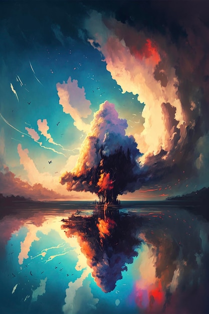 Pintura de uma árvore no meio de um lago Generative Ai