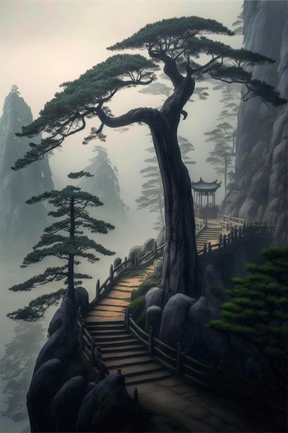 Pintura de uma árvore no topo de uma montanha generativa ai