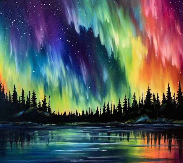 Pintura de uma aurora colorida com árvores e água generativa ai