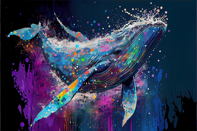 Pintura de uma baleia azul pulando da água generativa ai