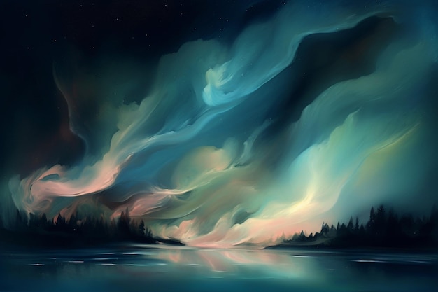 Foto pintura de uma bela aurora bore com um lago e árvores generativo ai