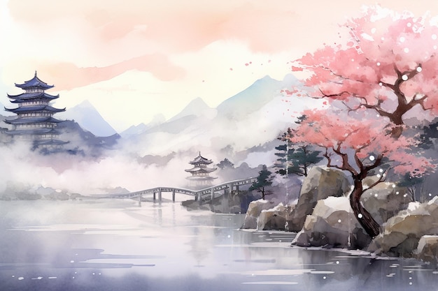 pintura de uma bela paisagem com uma ponte e um pagode generativo ai