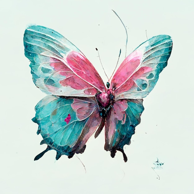 pintura de uma borboleta com asas rosa e azuis sobre um fundo branco generativo ai