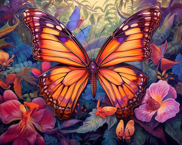 pintura de uma borboleta em um jardim com flores e folhas ai generativa