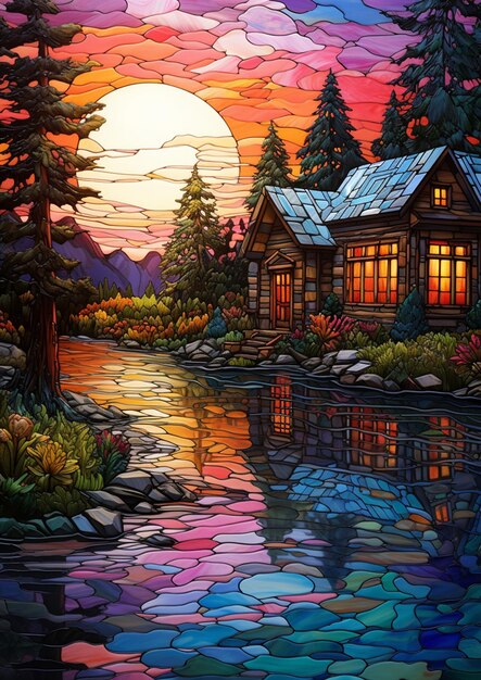 pintura de uma cabana à beira de um lago ao pôr do sol com um céu colorido generativ ai