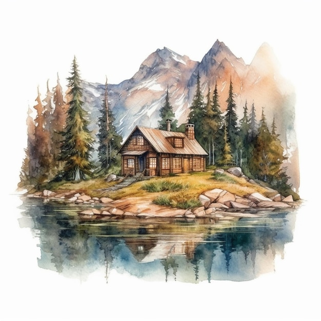 Pintura de uma cabana em uma pequena ilha com uma montanha ao fundo generative ai