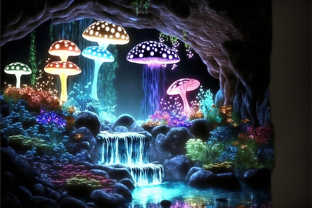 Pintura de uma cachoeira e cogumelos em uma floresta generativa ai