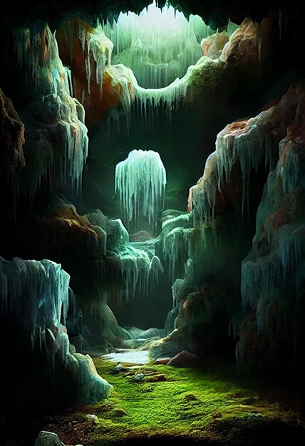 Pintura de uma cachoeira em uma caverna Generative Ai