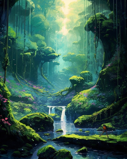 Pintura de uma cachoeira em uma floresta com musgo e árvores