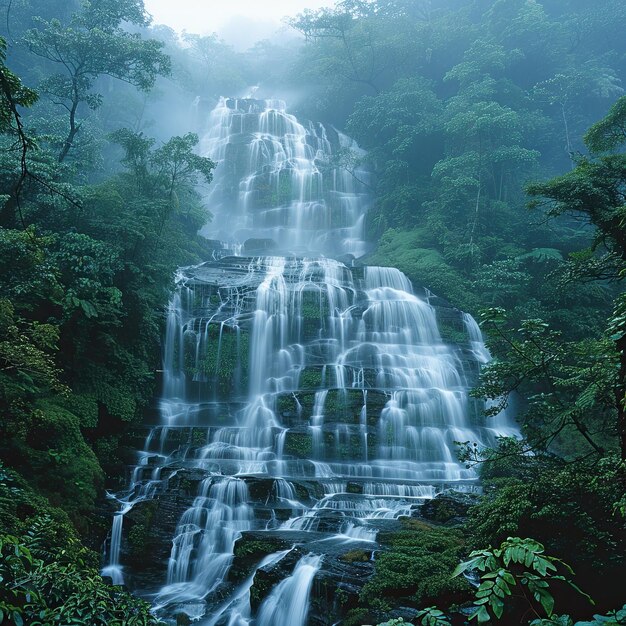 Pintura de uma cachoeira em uma selva tropical com um barco na água